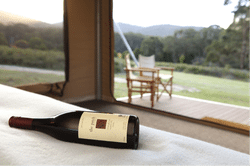 Close up image of a bottle of wine sitting on top of a glamping tent bed at Cave Hill Creek