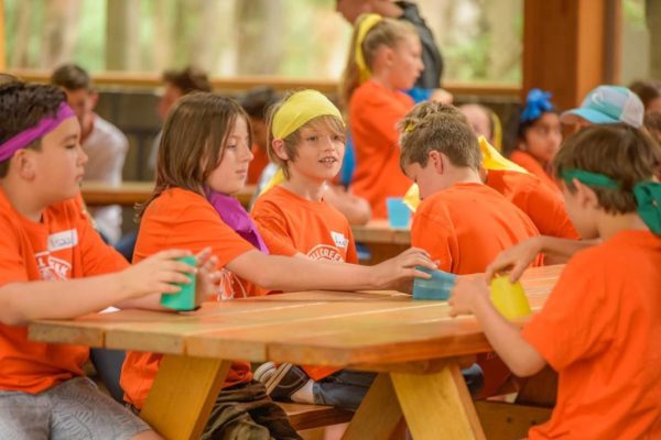Group of children in orange tshirts and coloured buffs sitting at a camp table