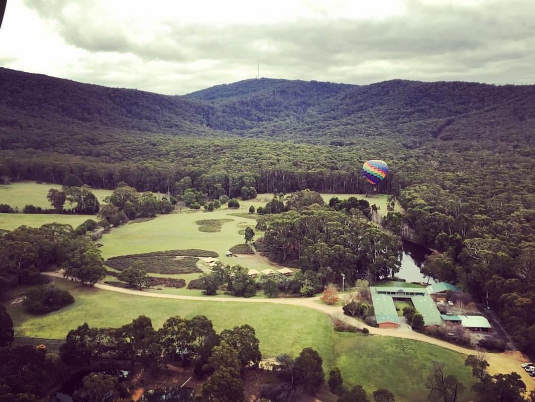Aerial image of Cave Hill Creek camp and surrounds from a hot air balloon in the sky