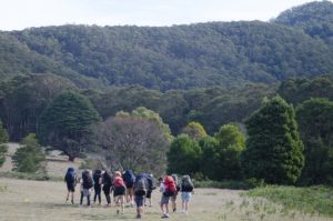Group of people wearing overnight hiking backpacks doing the Beeripmo walk