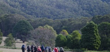 Group of people wearing overnight hiking backpacks doing the Beeripmo walk
