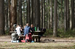Group of children sitting at a campsite table with hiking bags and water bottles