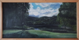 Camp landscape painting of Cave Hill Creek with lake, lawn and hills featured