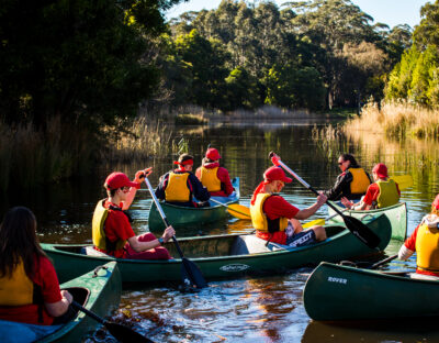 Kids in canoes on lake