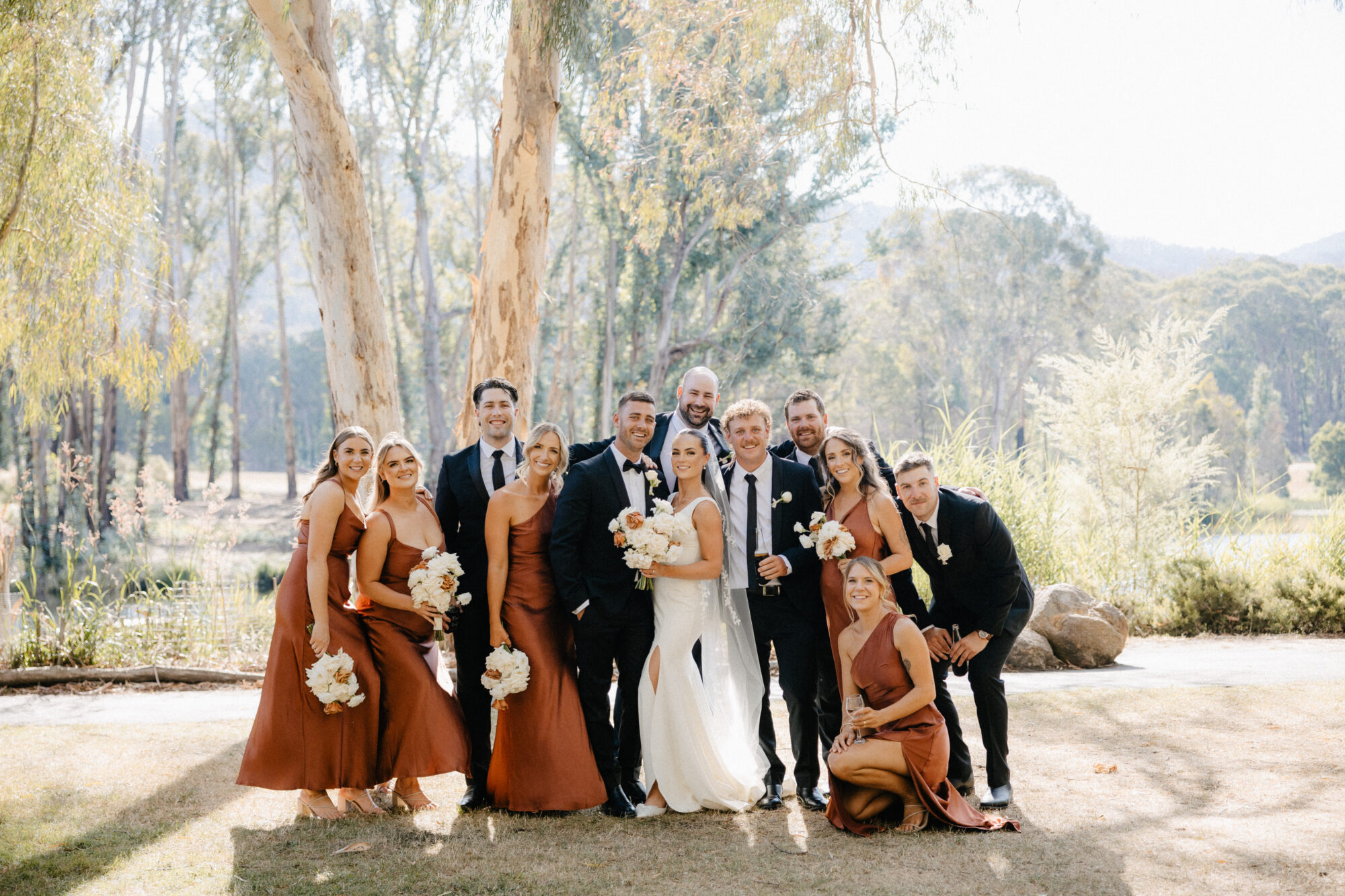 "Wedding party group portrait in the bushland at Cave Hill Creek