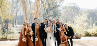 "Wedding party group portrait in the bushland at Cave Hill Creek